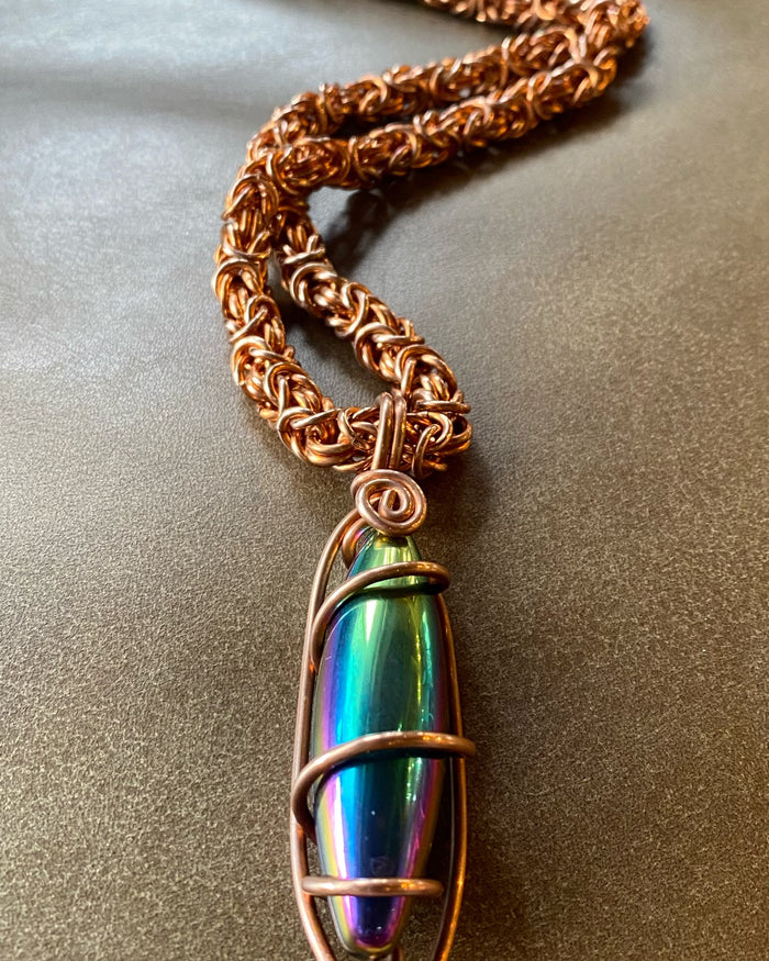 COPPER+RAINBOW CHROME MAGNETIC HEMATITE BYZANTINE NECKLACE