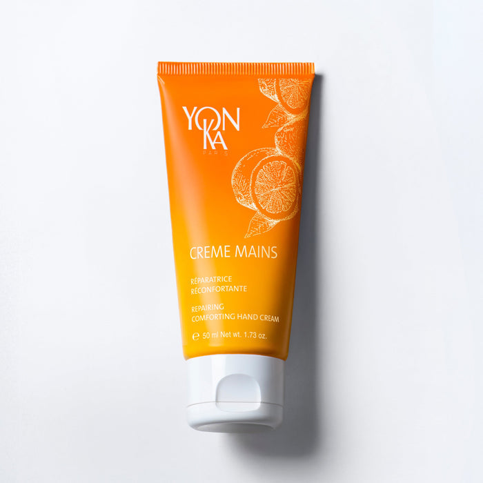 Creme Mains 50 ml tube Yon-Ka Paris label with citrus aroma callout shea coconut and grapeseed oils