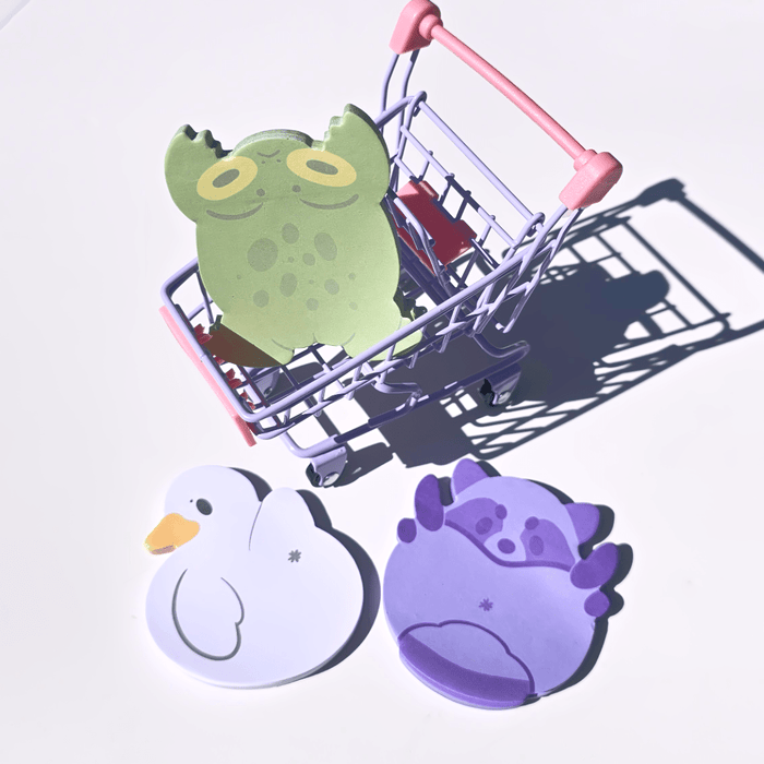 Cute and Silly Illustrative Animal - Shaped Sticky Notes: Frog, Raccoon and Duck - Koodle