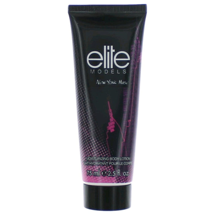 Elite Models New York body lotion in a black tube with magenta accents and a 2.5 fl oz label