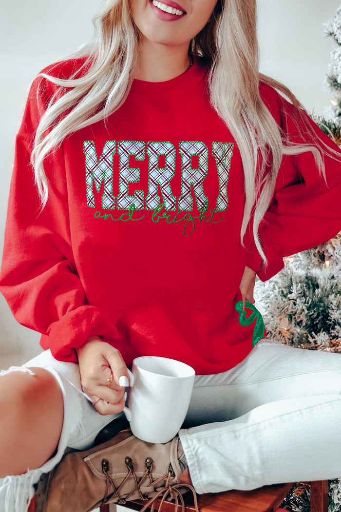 Fiery Red Merry & Bright Plaid Sequin Bow Christmas Sweatshirt — image 00