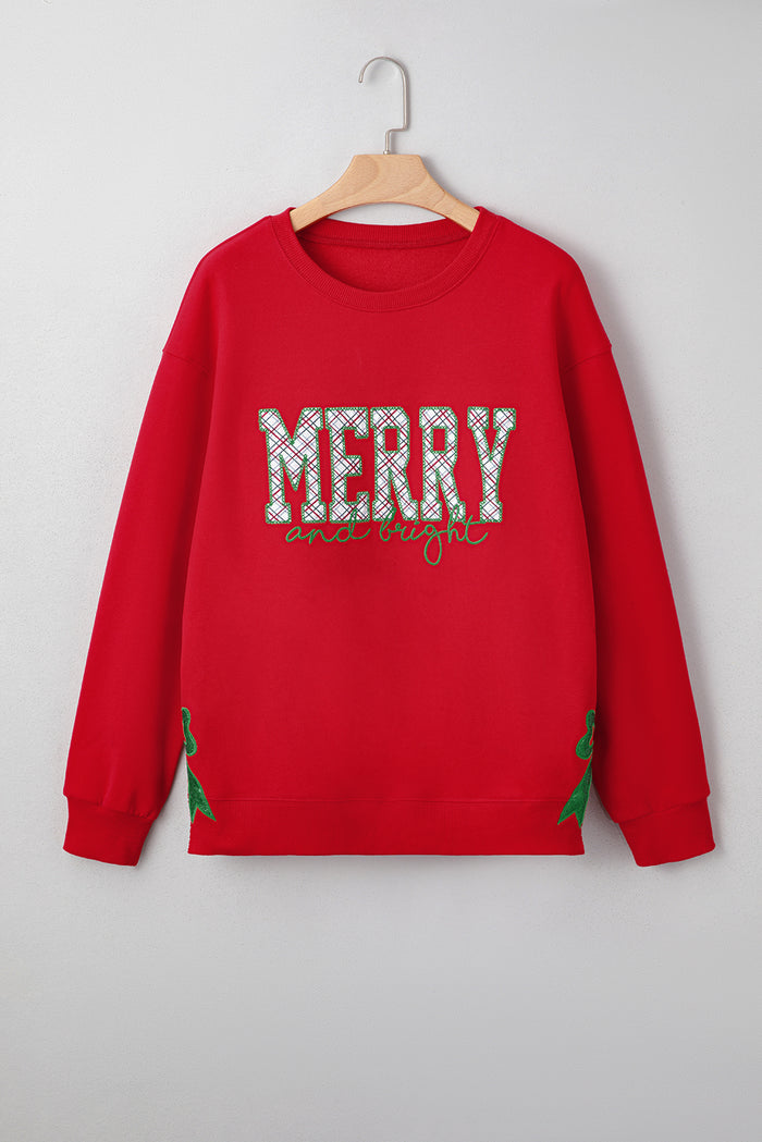 Fiery Red Merry & Bright Plaid Sequin Bow Christmas Sweatshirt — image 01