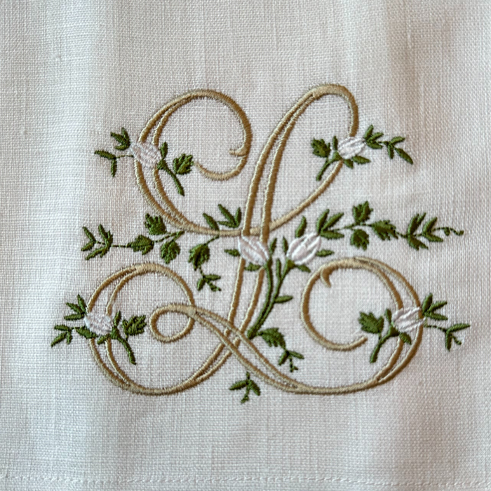 Floral Monogram White Linen Bow / Sash - New