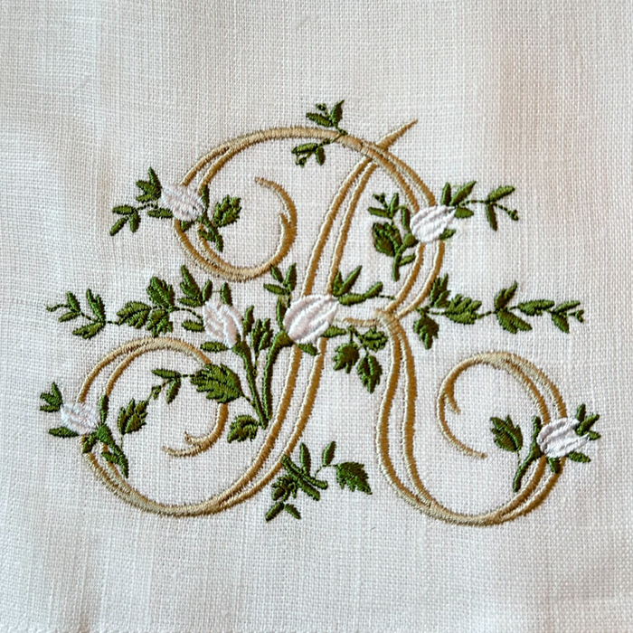 Floral Monogram White Linen Bow / Sash - New
