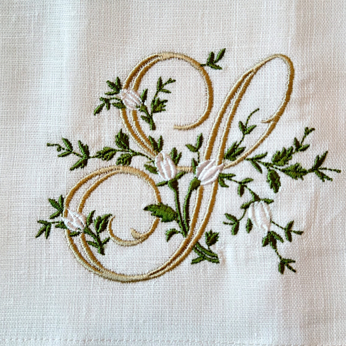 Floral Monogram White Linen Bow / Sash - New