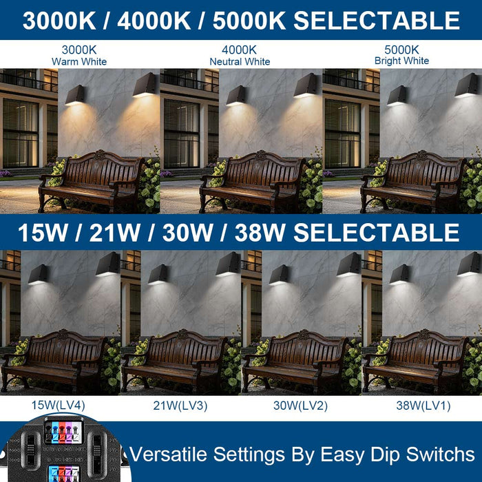 Comparison of light color temperature and power settings on a wall-mounted light fixture.