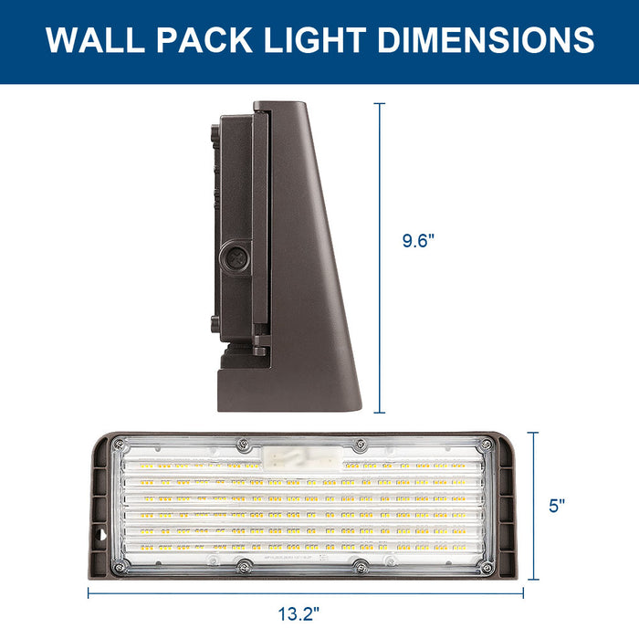 Wall pack light with dimensions labeled on a white background