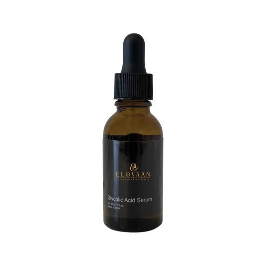 Glycolic Acid Serum in a dark amber glass dropper bottle with a black pipette cap and black label