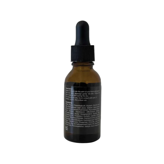 Glycolic Acid Serum in an amber glass dropper bottle with a black ribbed cap and white ingredient label