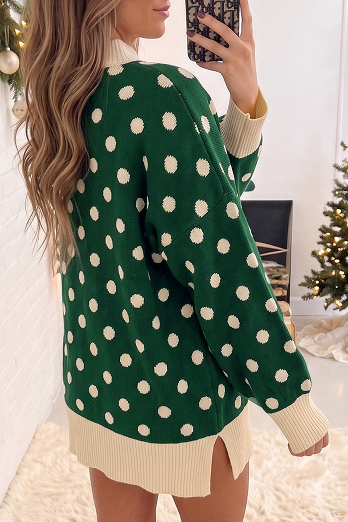 Green Polka Dot Pattern Ribbed Colorblock Trim Split Tunic Sweater — image 01