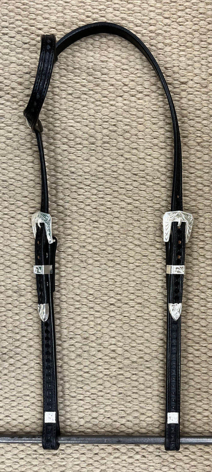 Headstall - HS06 - Black Geometric Single Ear w/ Silver Plated Trim