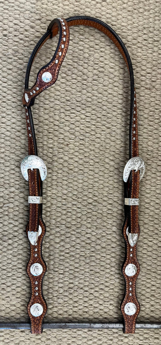 Headstall - HS190 - Basket Brown Scalloped Sliding Ear w/ Spots and Silver Plated Trim