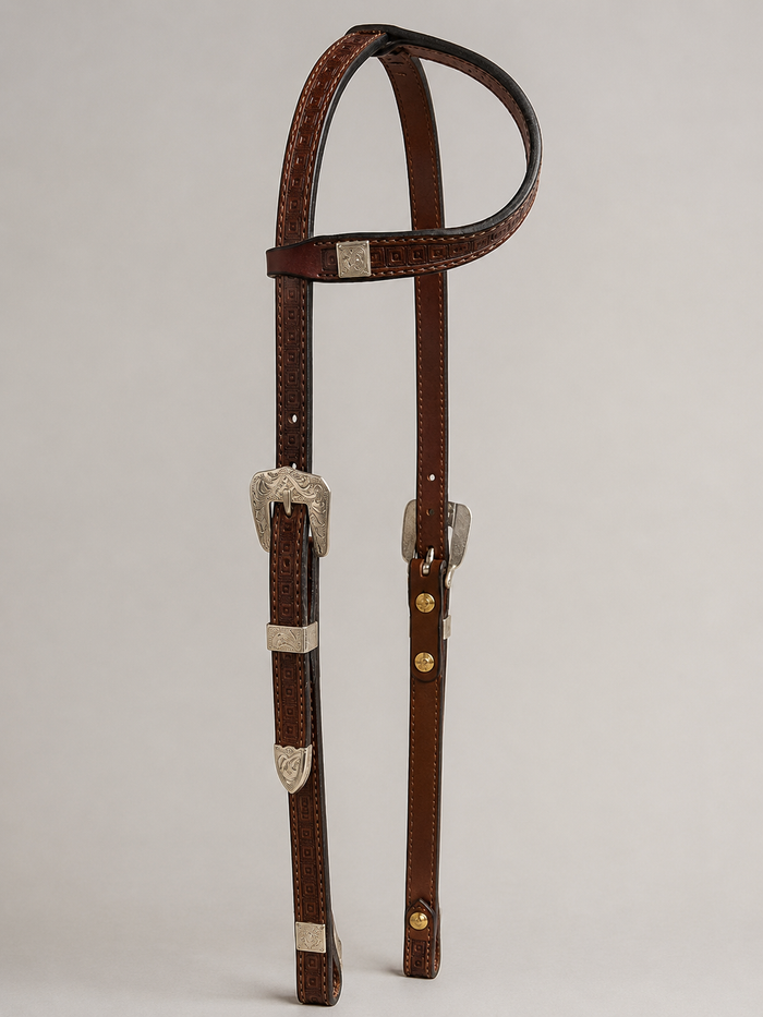 Headstall - HS193 - 5/8" Geometric Antiqued Sliding Ear with Silver Plated Trim