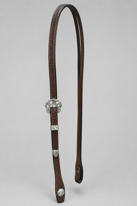 Headstall - HS261 - 1/2" Split Ear Antiqued Basketweave with Silver Plate Trim