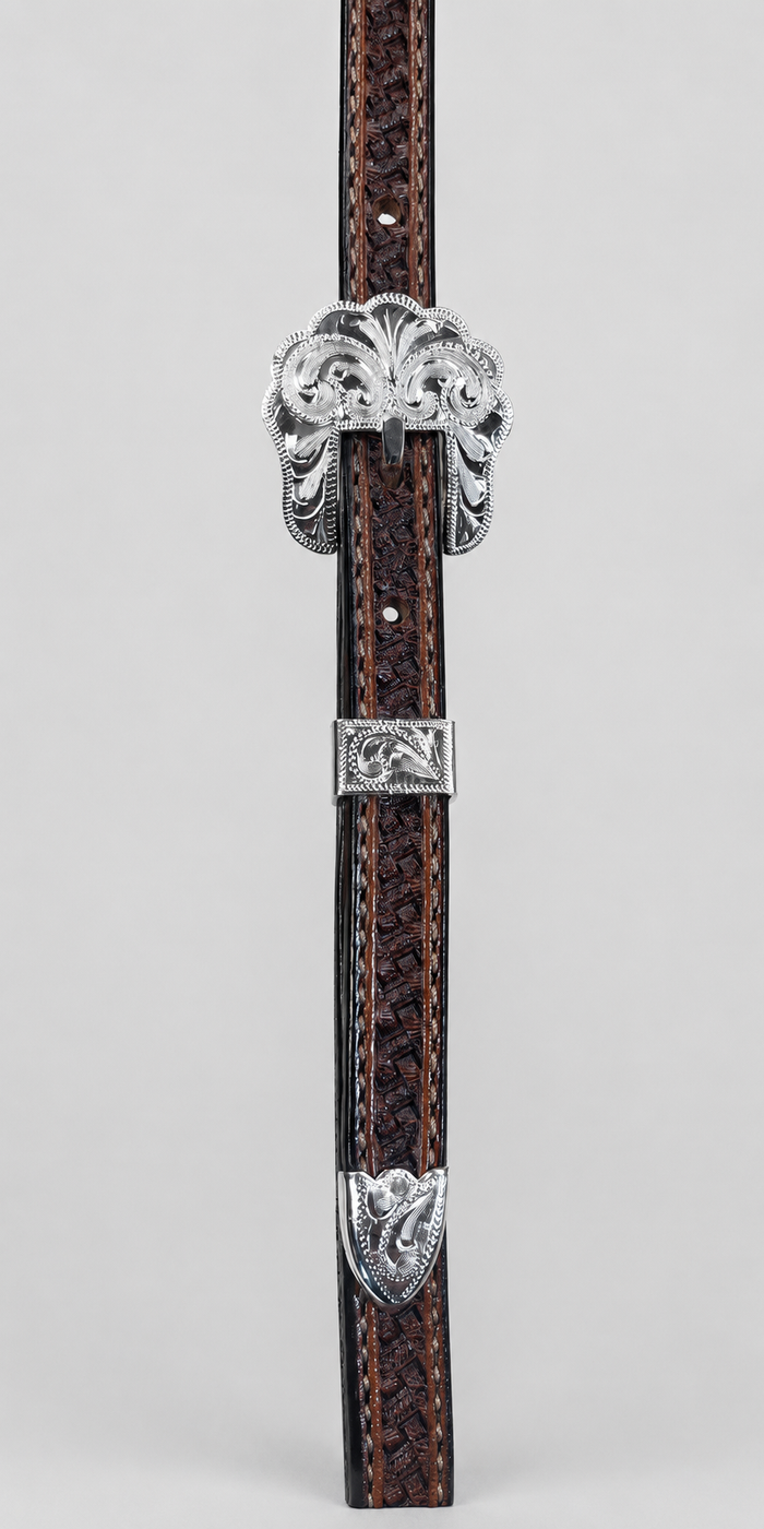 Headstall - HS261 - 1/2" Split Ear Antiqued Basketweave with Silver Plate Trim
