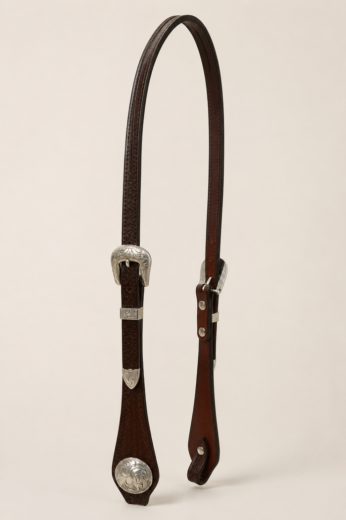 Headstall - HS275 - 3/4" Brown Basketweave Split Ear with Silver Plated Trim