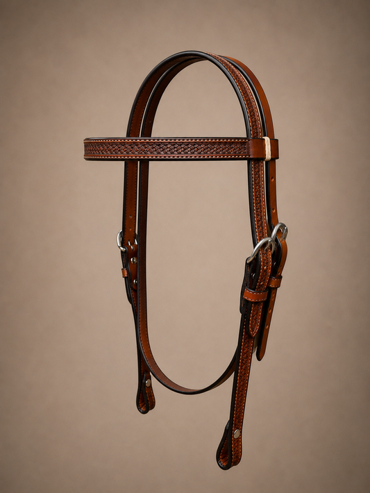 Headstall - HS277 - 3/4" Basket Antiqued with Rawhide Loops