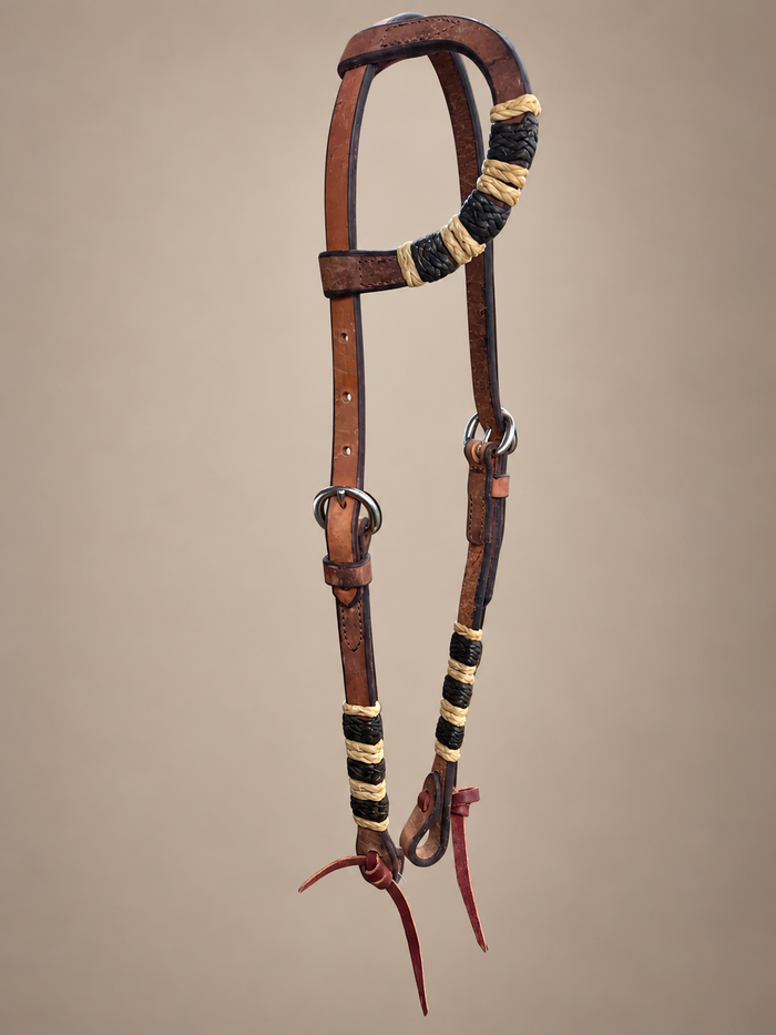 Headstall - HS415 - Herman Oak Single Ear with Light and Dark Rawhide Accents
