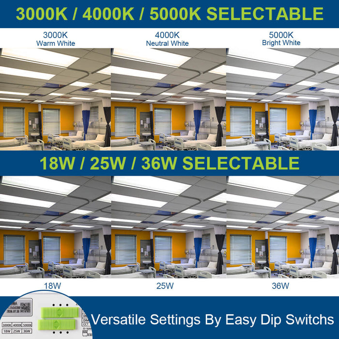 Ceiling lights with color temperature and wattage options in an office setting