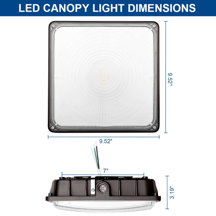 LED canopy light with dimensions labeled on a white background