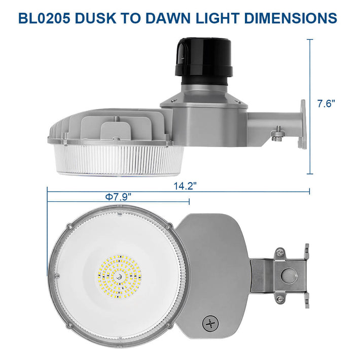 Dimensions of a dusk to dawn light fixture with labeled measurements on a white background.