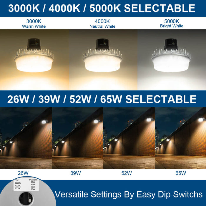 LED light fixture with color temperature and wattage options displayed.