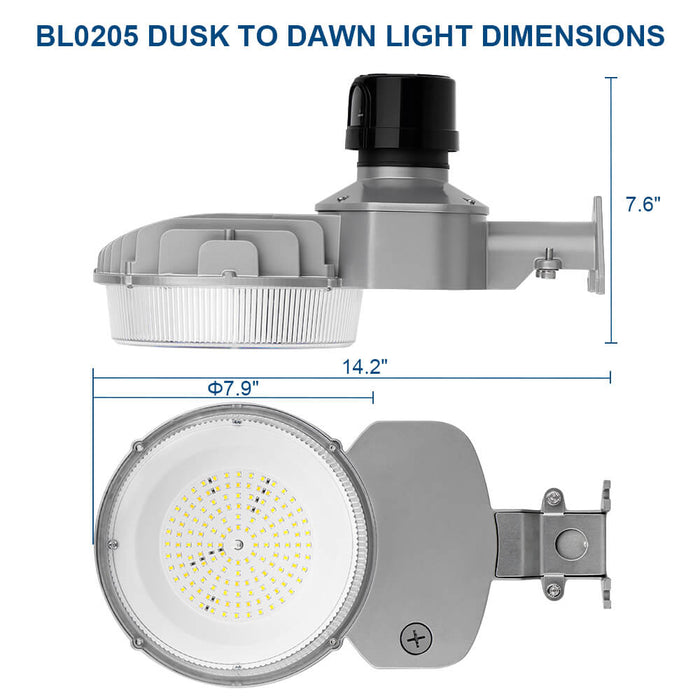 Dimensions of a dusk to dawn light fixture with labeled measurements on a white background.