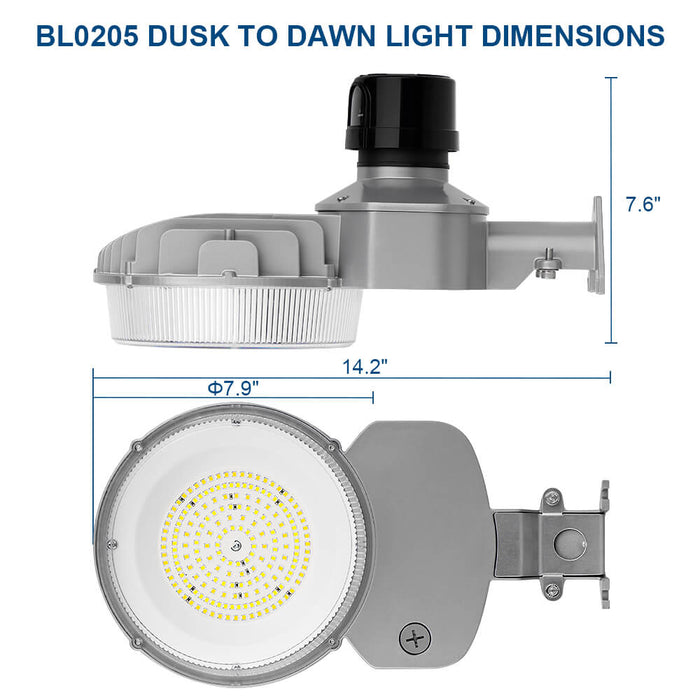 Dimensions of a dusk to dawn light fixture with labeled measurements on a white background.