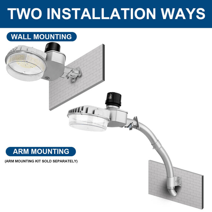 Two installation methods of a light fixture on a white background with text indicating wall mounting and arm mounting.
