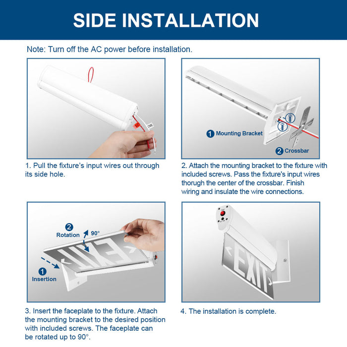 Step-by-step installation guide for a fixture with mounting bracket and faceplate.