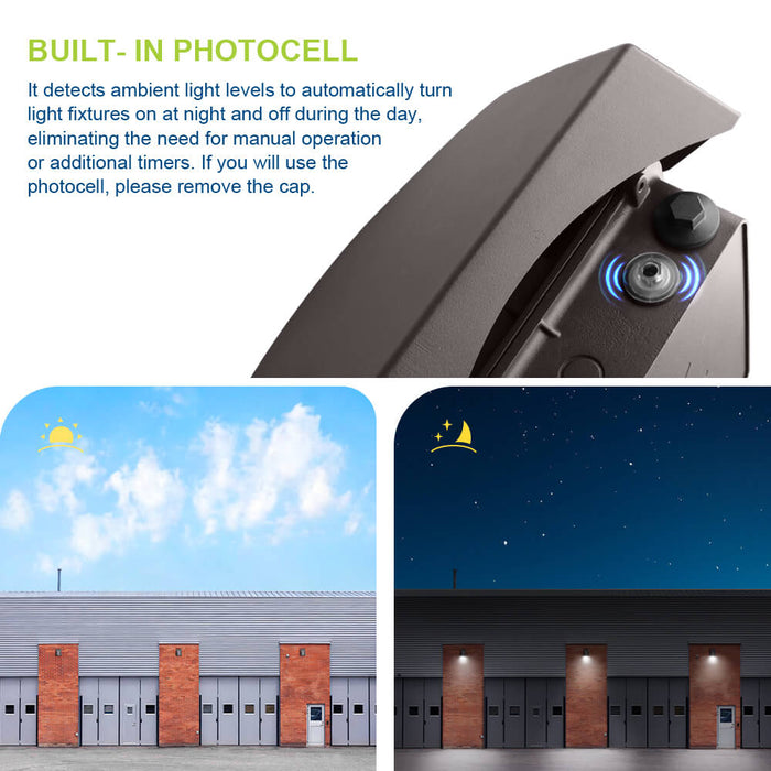 Konlite adjustable LED Slim Wall Pack Light  with built-in photocell sensor and its effect on building lighting during day and night.