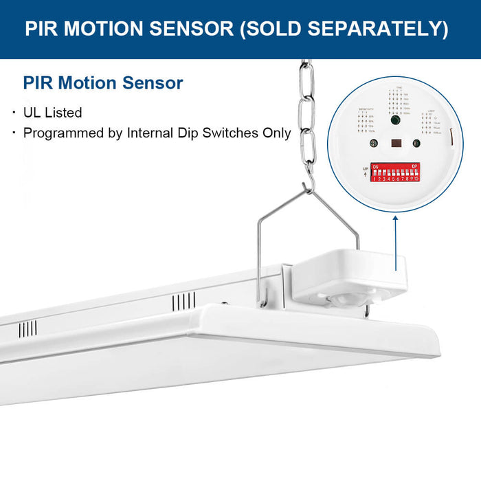 LED Low bay light fixture with PIR motion sensor attachment, UL listed, sold separately.