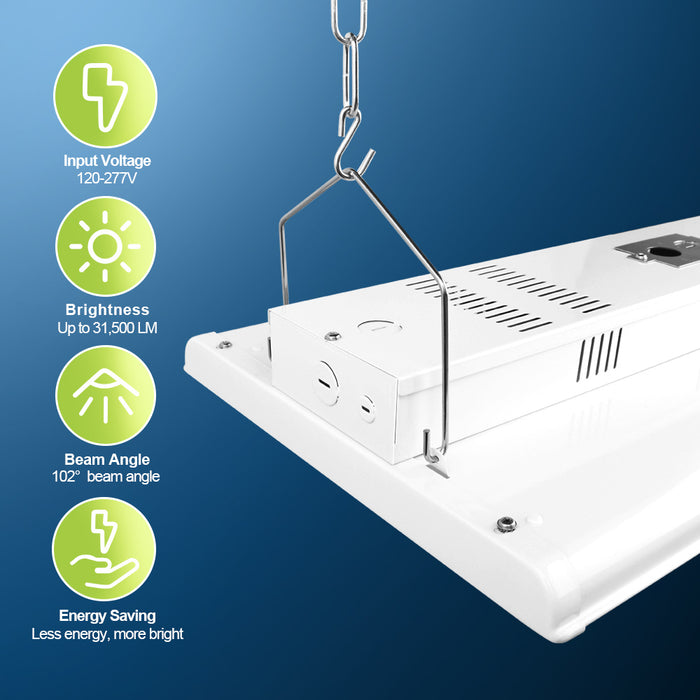 5000k 225W led linear highbay  with specifications on a blue background