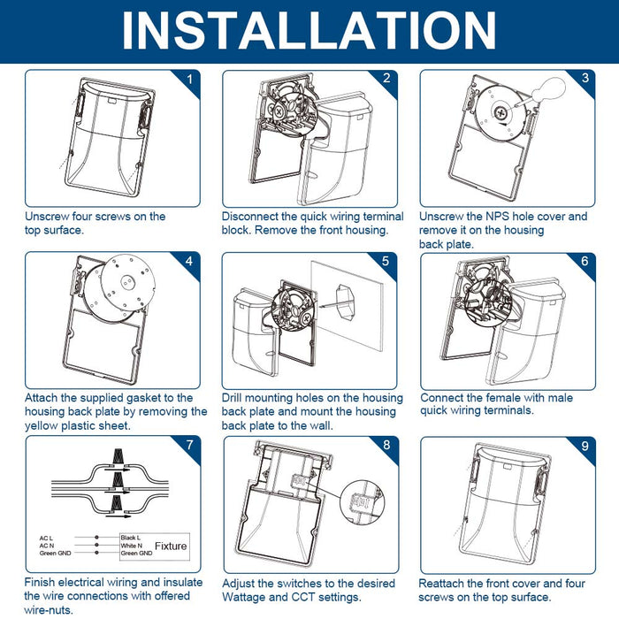 Step-by-step installation guide for Konlite WM7 Mini LED Wall Pack Fixture