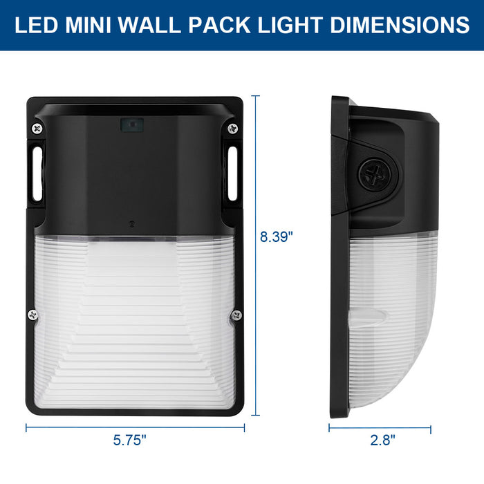 Front and side view of Konlite WM7 Mini LED Wall Pack Dark Bronze Fixture with labelled dimensions.