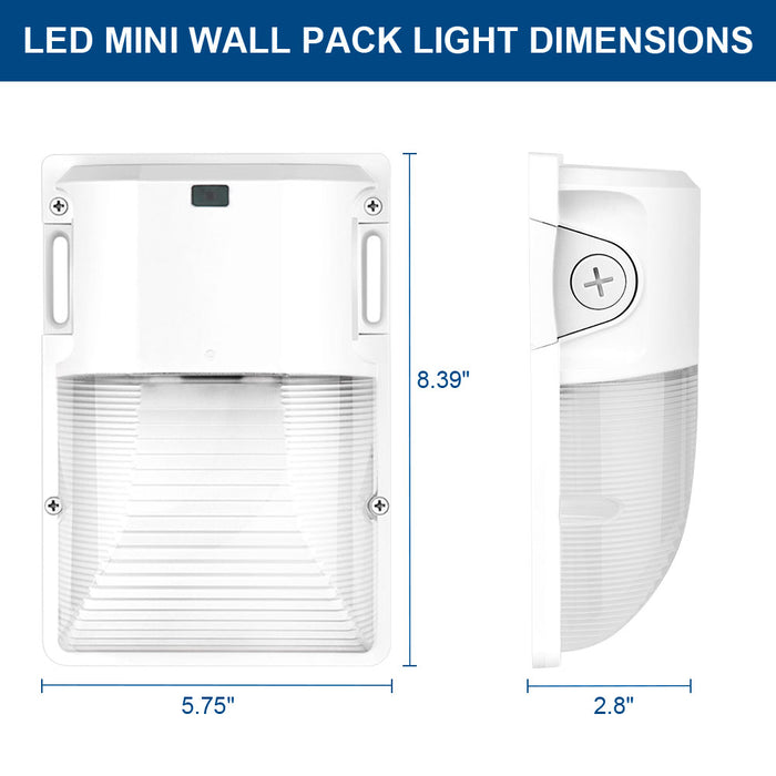 Front and side view of Konlite WM7 Mini LED Wall Pack White Fixture with labelled dimensions.