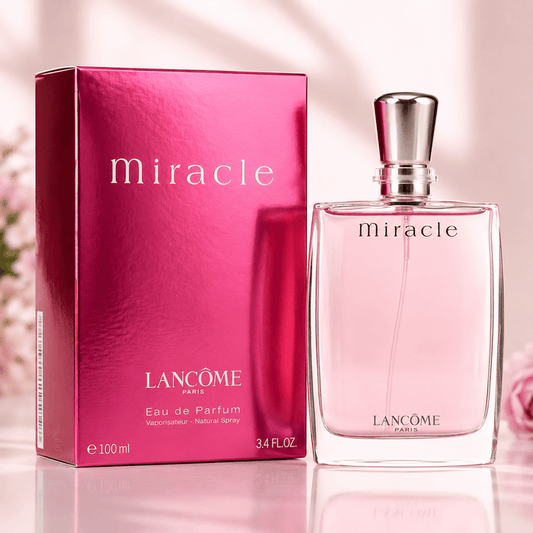 Lancome Miracle EDP Women perfume in a clear rectangular 100 ml glass bottle with metallic cap and bright pink carton