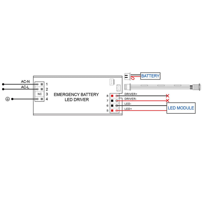 Wiring diagram for an emergency battery LED driver system with labeled components.