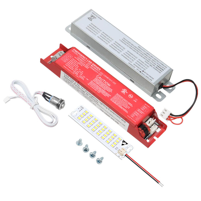 LED light strip kit with power supply, connectors, and screws on a white background