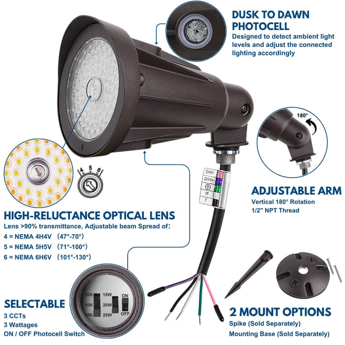 25W Outdoor security light with adjustable arm and photocell feature, detailed specifications
