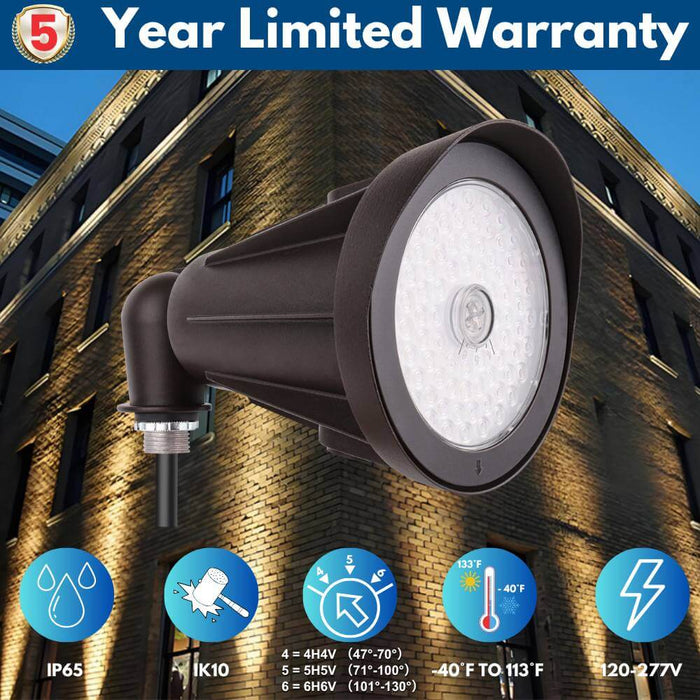 Konlite Outdoor light fixture with building background and warranty information.