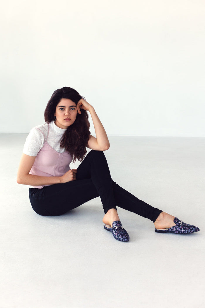 'Lucinda' vegan textile slides by Zette Shoes - deep navy - Vegan Style