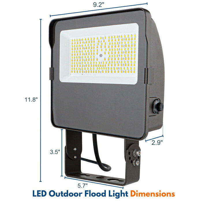 Dimensions of a Konlite Navi LED Flood Light with Yoke Mount