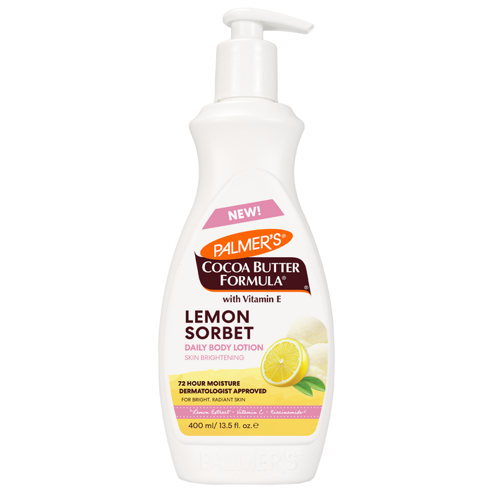 Palmer's Lemon Sorbet Daily Body Lotion for Bright, Radiant Skin shown in a white bottle with yellow and pink label and a picture of a lemon half and scoops of lemon sorbet