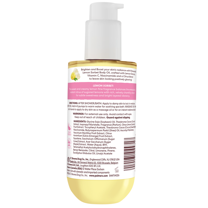 The back side of a bottle of Palmer's Cocoa Butter Formula Lemon Sorbet Brightening Body Oil with a white pump dispenser, shown against a plain white background.