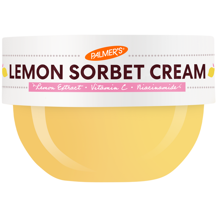A jar of Palmer's Lemon Sorbet Cream with a white label and a pale yellow cream visible inside, on a plain white background.