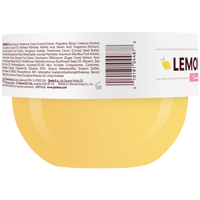A jar of Palmer's Lemon Sorbet Whipped Brightening Body Cream with a white label and a pale yellow cream visible inside, on a clean white background.