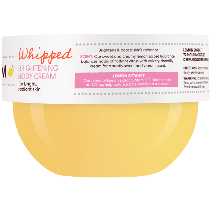 A jar of Whipped Brightening Body Cream with a white label and a pale yellow cream visible inside, on a clean white background.