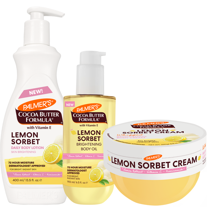 A three-piece skincare set from Palmer's Cocoa Butter Formula featuring a pump bottle of Lemon Sorbet Daily Body Lotion, a pump bottle of Lemon Sorbet Brightening Body Oil, and a jar of Lemon Sorbet Soothing Cream, all on a white background.