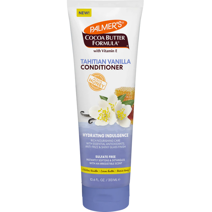 A tube of Palmer's Cocoa Butter Formula Tahitian Vanilla Conditioner, featuring white and lavender packaging with illustrations of vanilla flowers and a honeycomb.